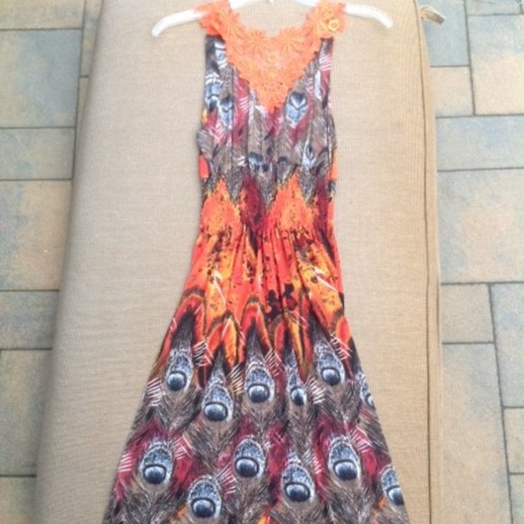 NWT LACE ORANGE PEACOCK FEATHER PRINT DRESS SUNDRESS M - Picture 7 of 7